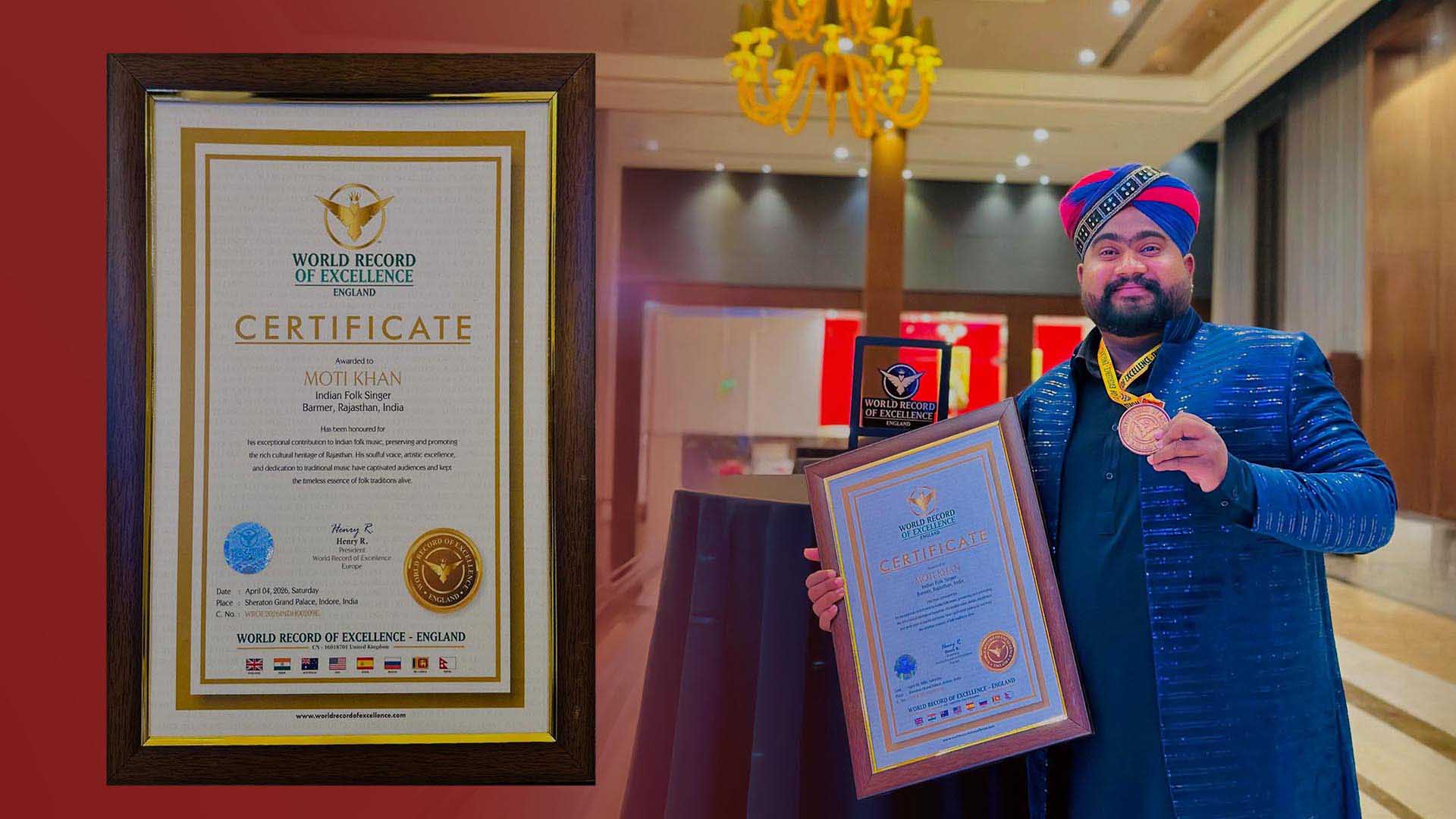 Barmer Folk Artist Moti Khan’s Name Recorded in World Record of Excellence in England